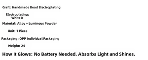 Detailed specs of handmade glowing lotus bracelet with white turquoise and luminous powder
