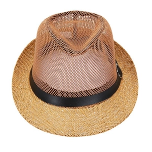Breathable hollow mesh Fedora straw hat with brown top and black band for sun protection
