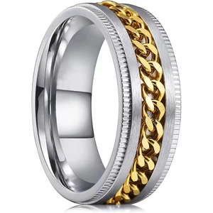 Mens stainless steel spinning ring with gold Cuban chain inlay and silver brushed finish