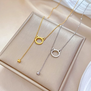 Minimalist Hollow Cat Ear Lariat Necklace Titanium Steel Tassel Y Necklace For Women Cute Fashion Jewelry