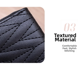 Detailed close-up of black quilted leather with elegant leaf stitching patterns on the wallet