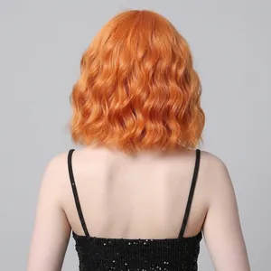 Bright orange wavy bob wig for women with natural S-pattern curls from a back view