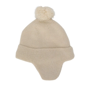 Detail of beige knit baby hat with earflaps and sparkling silver threads and faux fur pom