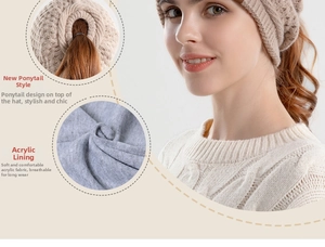 Detailed view of beige knit ponytail hat featuring a specialized opening and soft acrylic lining