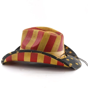 Detail of USA flag western cowboy straw hat with star pattern and brown leather band