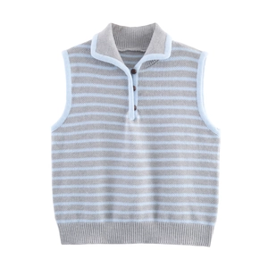 Gilet In Maglia A Righe Da Donna Poliestere Colletto A Polo Abbottonatura Senza Maniche Retro Casual