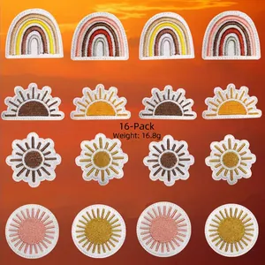 Detailed set of 16 embroidered iron-on patches featuring retro sun and rainbow designs