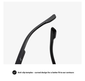 Detail of ergonomic non-slip temples for square aviator sunglasses with curved design