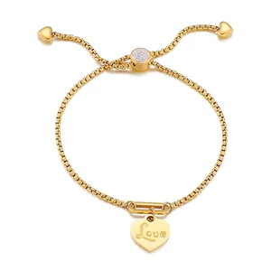Stainless Steel Heart Bracelet Women Adjustable Love Engraved Box Chain Rhinestone Slider Sweet Fashion Jewelry