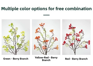 Detailed comparison of artificial berry branches in green, yellow-red, and festive red colors