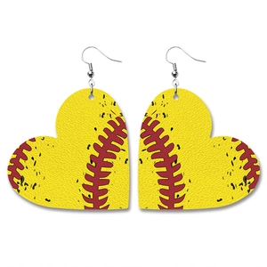 Faux leather heart-shaped softball earrings with red stitching and silver hooks