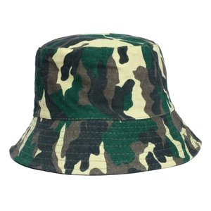 Close-up of wide-brimmed cotton fisherman hat with forest camouflage pattern stitching