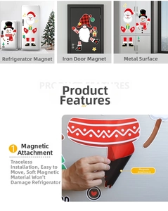 Detail view of magnetic Christmas fridge stickers featuring Santa and Snowman figures