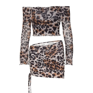 Women's 2-piece leopard print set with off-shoulder long sleeve top and drawstring skirt