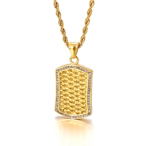 Hip Hop Pendant Necklace Men Stainless Steel Iced Out Zircon Rectangular Military Dog Tag Woven Texture Jewelry