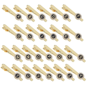 Men's gold tie clips set with sparkling rhinestones and A-Z alphabet initials design