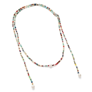 Long Bohemian multicolored seed bead necklace featuring elegant white pearls on white background