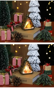Macro shot of vintage bronze LED Christmas lantern with warm bokeh background