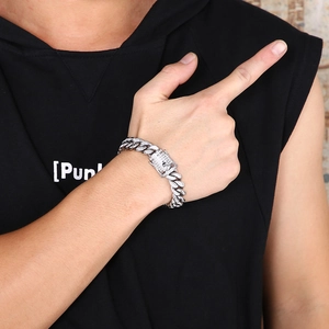 Hip-hop cuban link bracelet for men with sparkling zircon stones in silver finish
