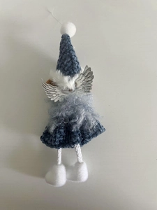 Detail of blue gnome angel ornament with silver wings and white plush pompom