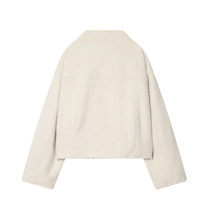 Back view of cream white faux fur short coat with standing collar and loose sleeves