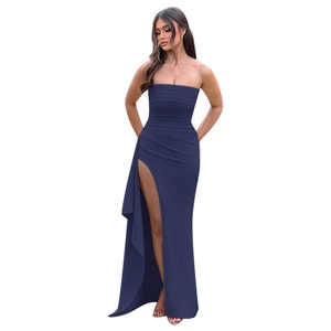 Detail of high side slit on elegant navy blue strapless long evening dress for women