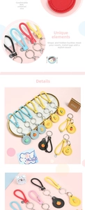 Close-up of colorful braided leather keychains with cartoon fruit and vegetable charms