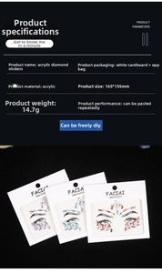 Detailed view of acrylic face gems packaging with product dimensions and multi-color sets