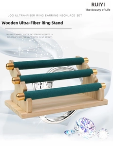 Three-tier green velvet jewelry display stand with solid wood base and gold metal caps