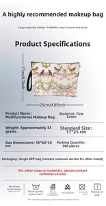 Linen makeup bag with floral bird print showing size 17x25cm and fabric texture details