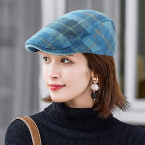 Classic blue plaid wool beret cap for men and women featuring a vintage British style