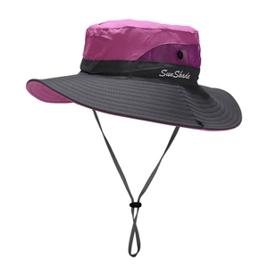 Outdoor two-tone sun hat in purple and grey with mesh panels and adjustable wind cord