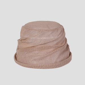 Close-up of lightweight lace knit bucket hat with delicate pleats and intricate textures