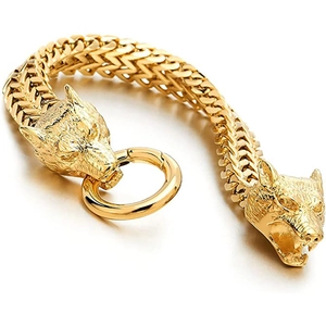 Close-up of golden Viking wolf head bracelet with heavy Franco link chain and ring clasp