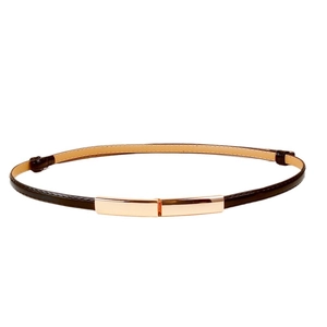 Minimalist slim dark brown patent leather belt with a sleek gold rectangular metal buckle