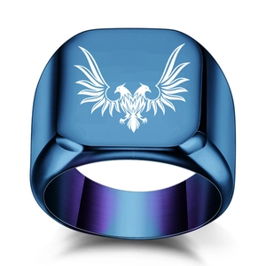Blue square stainless steel signet ring featuring a laser-engraved white double-headed eagle