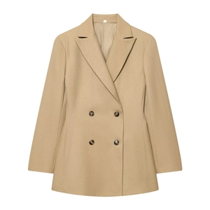 Women's slim fit khaki blazer set with double-breasted buttons and ridged trousers