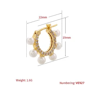 Elegant 18K gold plated double layer C-shaped earrings with pearls and crystals