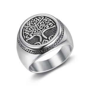 Vintage stainless steel Tree of Life signet ring for men with 45-degree side view detail