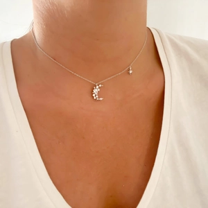 Elegant S925 silver necklace with sparkling zircon crescent moon and star starburst charms