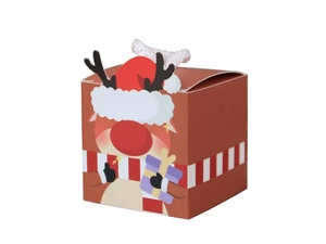 Close-up of a 5.5cm square paper gift box featuring a cartoon reindeer Christmas design