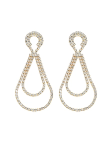 Detailed view of gold plated teardrop drop earrings with clear rhinestones on white background