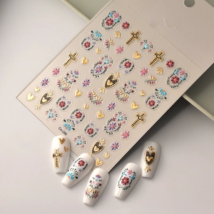 Bohemian floral nail stickers Co-286 with 3D gold embossed cross and ethnic totem designs