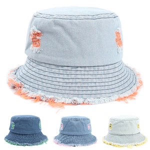 Cappello Alla Pescatora Denim Lavato Cotone Distressed Bordo Sfilacciato Colorato Protezione Solare Streetwear Retro Donna