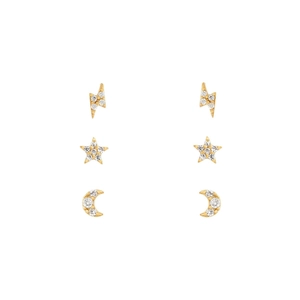 Gold plated star moon and lightning stud earrings set with sparkling zircon stones