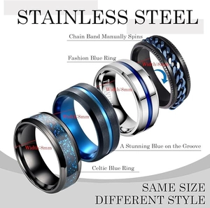 Set of four 8mm stainless steel rings for men featuring blue chain and Celtic dragon patterns