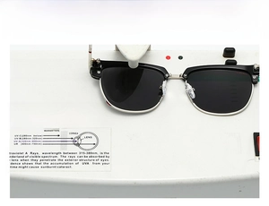 Detailed UV400 protection test showing black semi-rimless sunglasses on a UV tester