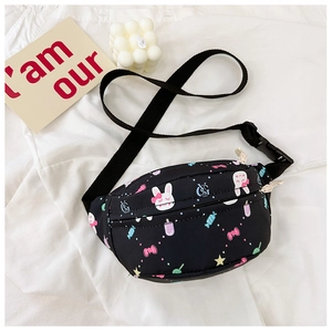 Detail of children's black waist bag with cute cartoon rabbit and star prints