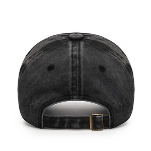 Adjustable black washed cotton baseball cap with vintage metal buckle and classic strap