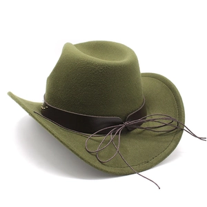 Detail of olive green felt cowboy hat with dark brown leather band and knot decoration